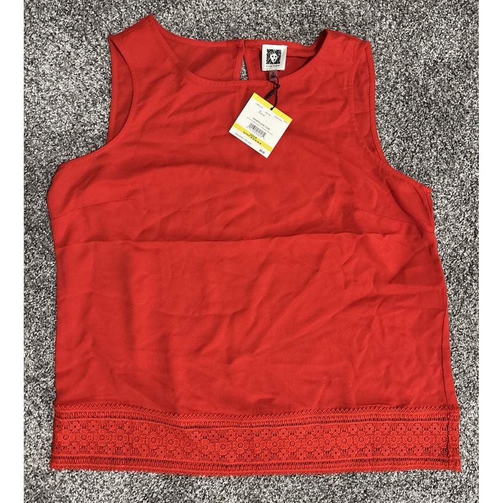 Anne Klein Tank Top Fiery Red Round Neck Sleeveless Crocheted Bottom Size M New